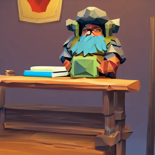 Prompt: A low poly dwarf peeking over his desk surprised at the amount of mail on the desk, deep rock galactic, video game