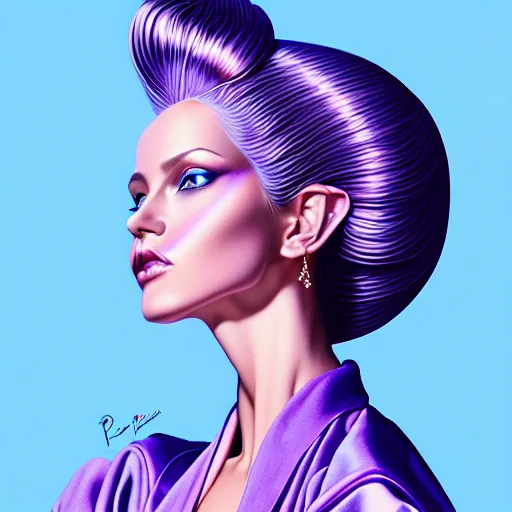 Prompt: portrait of a woman wearing a light purple silk robe, blue sky, art by peter lloyd 1 9 8 0, airbrush style, art by hajime sorayama,, intricate, elegant, sharp focus, illustration, highly detailed, concept art, matte, sharp focus, illustration, highly detailed, concept art, h 6 4 0