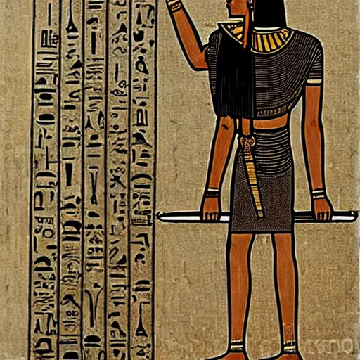 Prompt: cleopatra holding her iphone, with a view of the pyramids in the desert, ancient egyptian papyrus