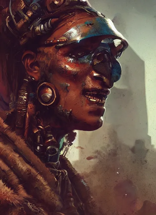 Image similar to hyper realistic photography portrait of postapocalyptic cyberpunk asian cyborg tribal aztec warrior amazon cinematic, vallejo, craig mullins greg rutkowski, artstation, cgsociety