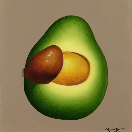 Image similar to painting of an avocado by rene magritte, hd, 4 k, detailed, award winning