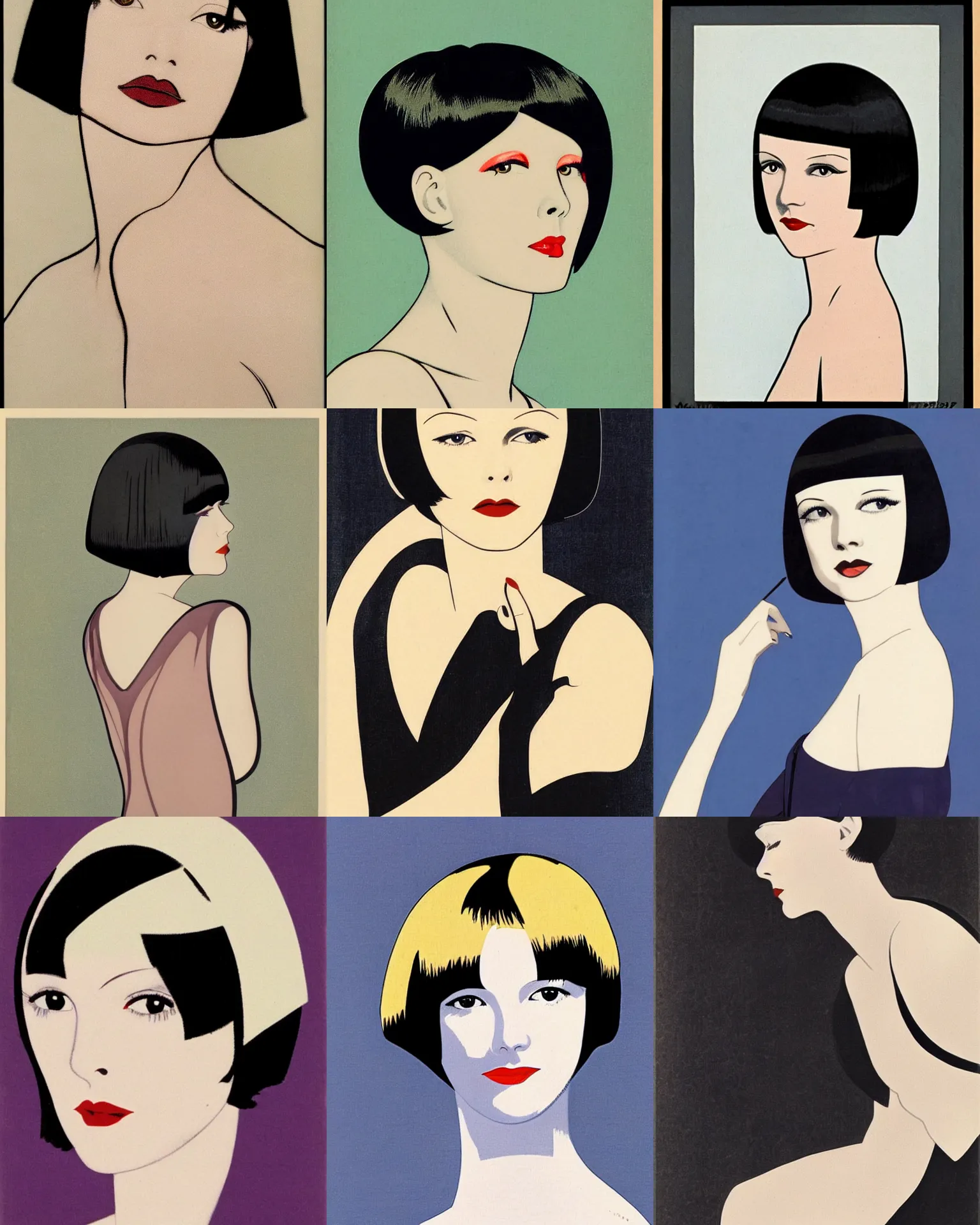 Prompt: Mary Louise Brooks 25 years old, bob haircut, side on portrait by Patrick Nagel, 1920s,