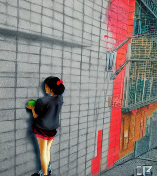 Prompt: Japanese girl, spray painted graffiti, perspective chalk art pastiche by Dan Witz, Jun Ito and Dan Mumford, cel-shaded, thick ink lines