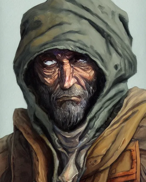 Image similar to a oil / watercolor painting full body character portrait of a homeless sorcerer in the style of moebius in the style of leonard boyarsky trending on artstation deviantart pinterest detailed photorealistic highlights and shadow hd 8 k post - processing high resolution