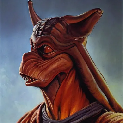 Image similar to ultra realistic portrait painting of jar jar binks as a sith lord, art by frank frazetta, 4 k, ultra realistic, highly detailed, epic lighting