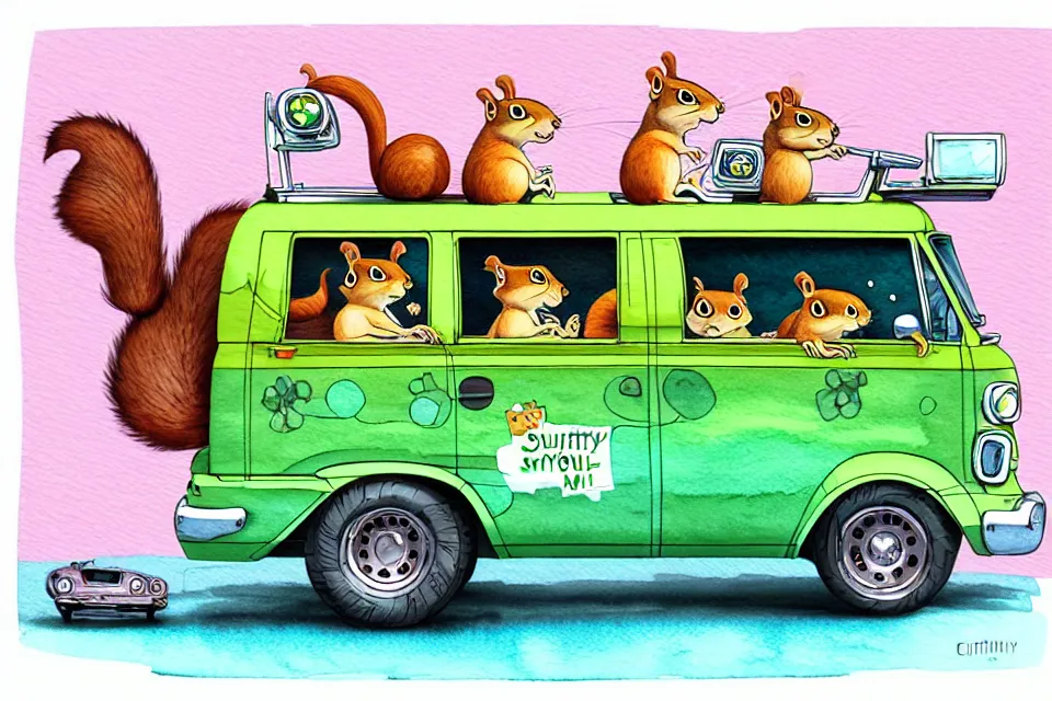 Image similar to cute and funny, squirrel riding in a mystery machine van, ratfink style by ed roth, centered award winning watercolor pen illustration, isometric illustration by chihiro iwasaki, edited by range murata, tiny details by artgerm and watercolor girl, symmetrically isometrically centered, sharply focused