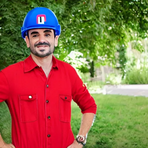 Image similar to italian plumber wearing a red hat and shirt, blue jumpsuit.
