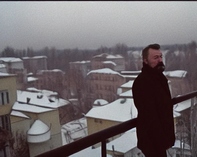 Image similar to lomographic tarkovsky film still of 4 0 years russian man with beard and sweater standing on small hrushevka 9 th floor balcony full with cigarette smoke in winter taiga looking at sunset, cinestill, bokeh