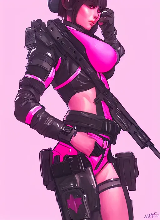 Prompt: female sexy soldier, wide angle view, neon pink and black color scheme, highly detailed, artgerm, cushart krenz, metal gear solid style, trending on artstation, soft light, sharp focus, illustration, character design, concept art