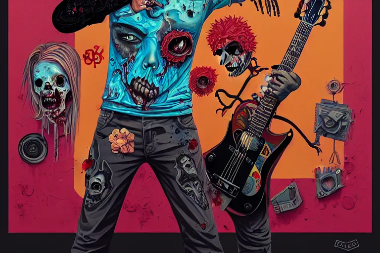 Image similar to zombie punk playing acoustic guitar, tristan eaton, victo ngai, artgerm, rhads, ross draws, intricated details, 3 / 4 view, full body portrait