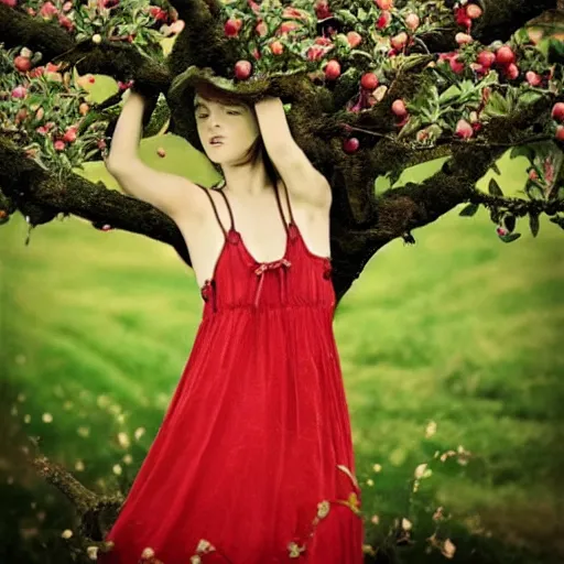 Prompt: girl is intertwined with an apple tree. folk. thomas hardy tess of the d'urbervilles. pastoral. folk. gothic. vibrant