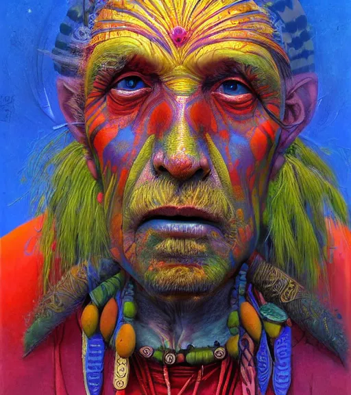 Image similar to Portrait painting in a style of Beksinski mixed with Alex Grey of an old shaman dressed in a colorful traditional clothes.