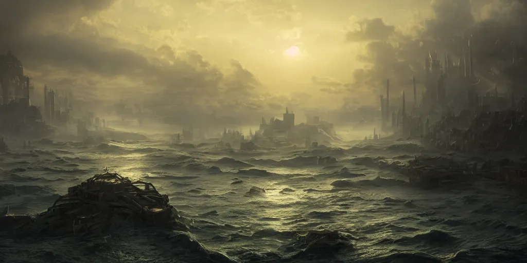 Image similar to a submerged city by james paick, big waves, matte painting, 3 5 mm lens, early morning sunrise, dramatic lighting, cinematography, game environment design, cinematic, global illumination, highly detailed, trending on artstation, deviant art, bloom