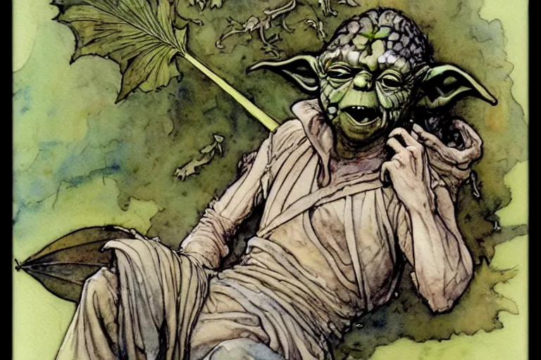 Image similar to a realistic and atmospheric watercolour fantasy character concept art portrait of yoda lying on his back laughing with a pot leaf nearby, by rebecca guay, michael kaluta, charles vess and jean moebius giraud