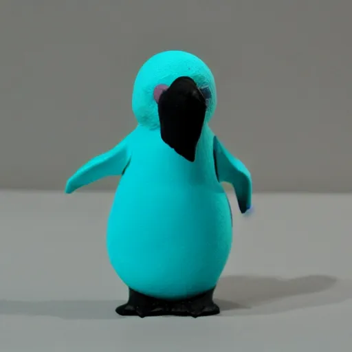 Image similar to a penguin, made of cyan colored clay, claymation