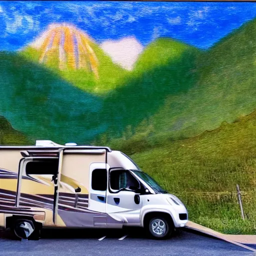 Prompt: a photo of a motorhome that has an impressionist painting of a mountain on its side