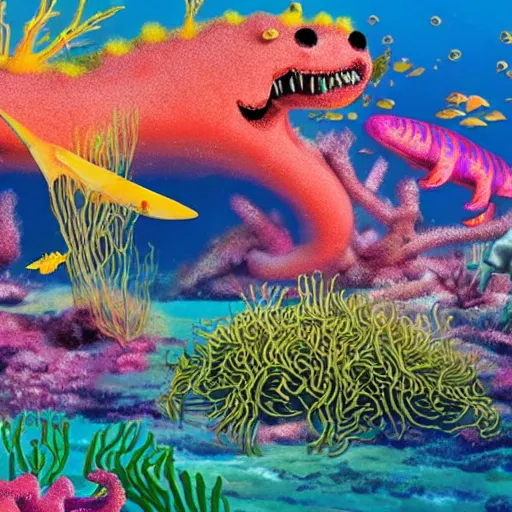 Image similar to a colony of living bioweapons that have made their home in a Lisa frank underwater coral forest on the ocean floor and are hunting down a nearly extinct liopleurodon trying to hide in a nearby kelp forest