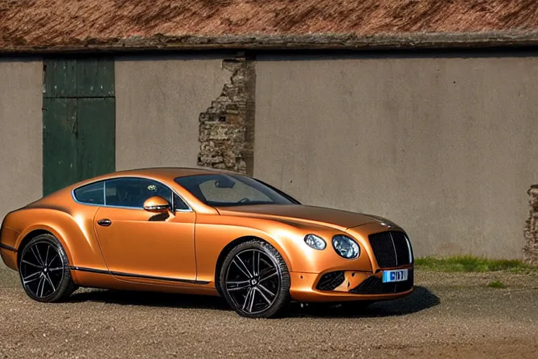 Image similar to modern rusty matte tired Bentley Continental GT without gloss no reflections drives along the road of an old Russian village with houses at the edges