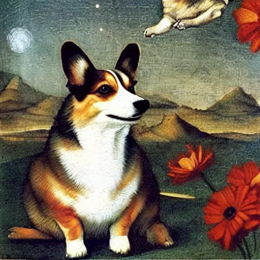 Image similar to corgi dog in cosmos painting, leonardo da vinci style