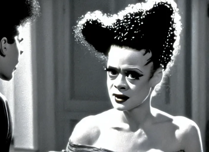 Image similar to bride of frankenstein as a teen, still from john hughes movie sixteen candles