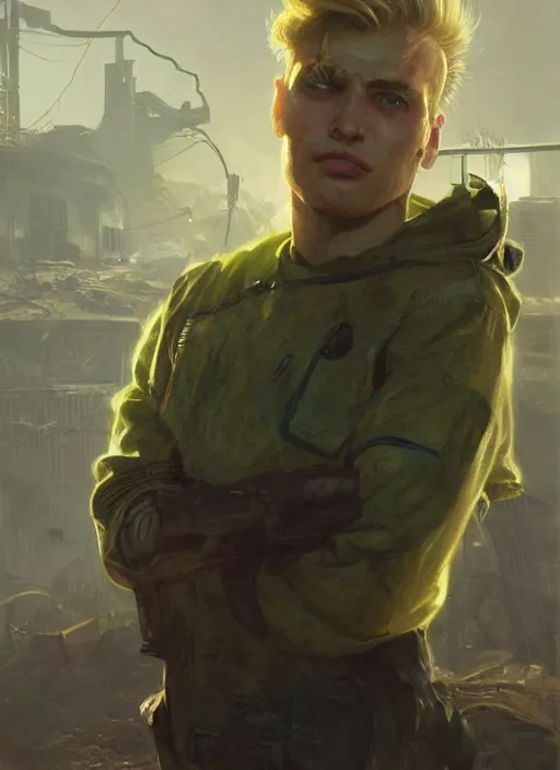 Prompt: portrait of a young man with blond hair with green house equipment from fallout 4, art by ryo shiotani and greg rutkowski, intricate, beautiful, cinematic lighting