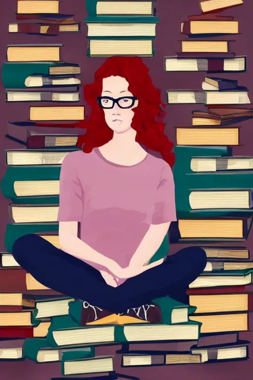 Prompt: a young woman with red hair and glasses sits cross legged on top of a tall pile of books. she is reading. clean simple pretty cartoon painting, beautiful detailed face.