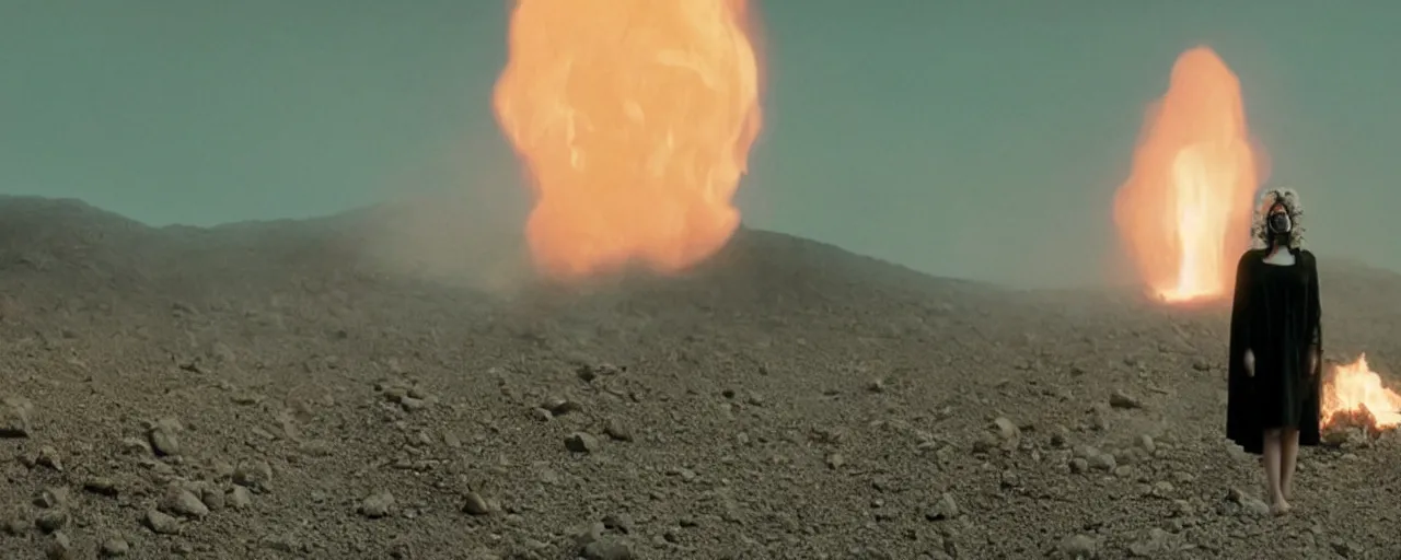 Image similar to The full body shot of beautiful pale woman with white flowers and full-face golden mask inside a thick black smoke in rocky desert landscape, glowing eyes everywhere, burning earth by Gaspar Noe and Christopher Doyle, anamorphic lens, anamorphic lens flares, kodakchrome, cinematic composition, practical effects, award winning photo, 8k