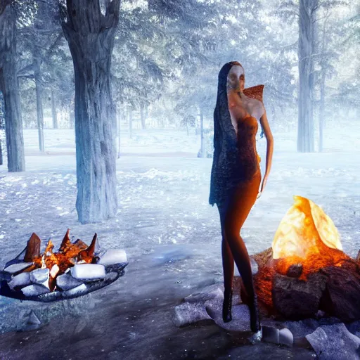 Image similar to a beautiful woman made out of crystal ice sitting by a campfire and slowly melting, by iris van herpen, unreal engine 5, outdoor campfire pit