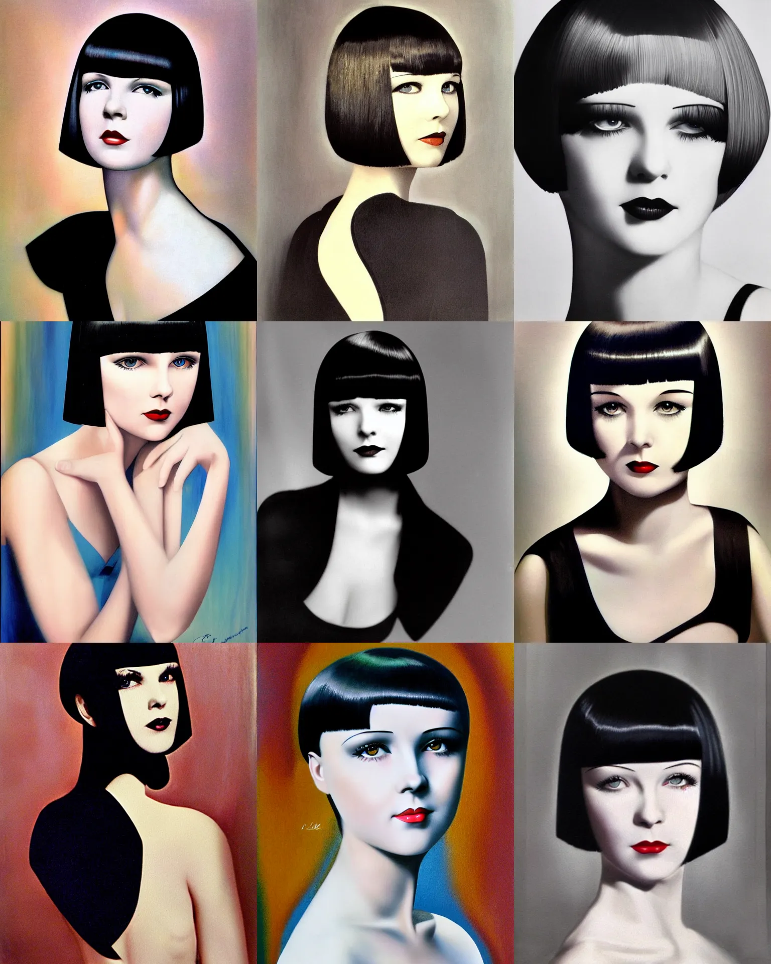 Prompt: mary louise brooks 2 0 years old, bob haircut, portrait by cliff ruddell, duo tone, art deco, air brush