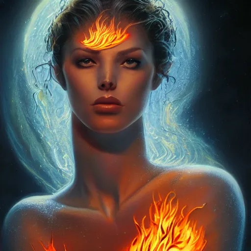 Image similar to A stunning portrait of a goddess, her body made of flames, by Jim Burns, 8K UHD, intricate, fantasy, Trending on artstation.