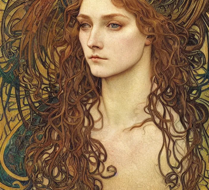 Image similar to detailed realistic beautiful young medieval queen face portrait by jean delville, alphonse mucha, vincent van gogh, and marco mazzoni, art nouveau, symbolist, visionary, gothic, pre - raphaelite