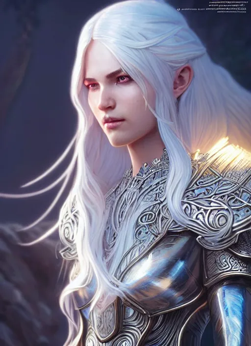 Image similar to light opal armor!!! long wild white hair!! covered chest!!! fantasy, d & d, intricate ornate details, symmetry, concept art, sharp focus, illustration, art by artgerm! greg rutkowski magali villeneuve wlop! ilya kuvshinov!!, octane render, unreal engine 5, highly rendered!!