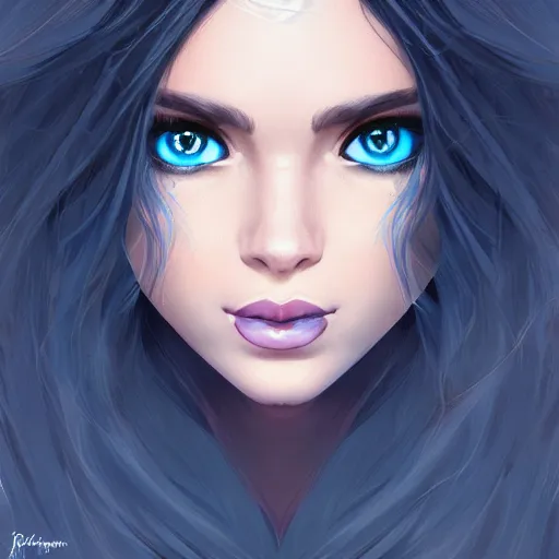 Image similar to portrait of a majestic princess with long black hair and blue eyes, digital art, 4k, artstation