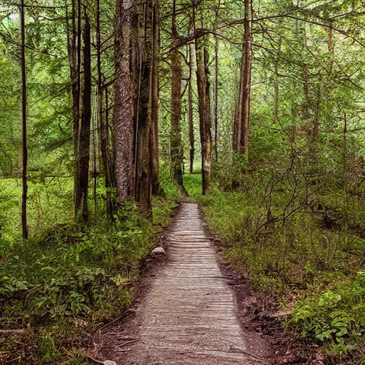 Image similar to path leading to an entrance with a gate to a forest with an abandoned wooden house