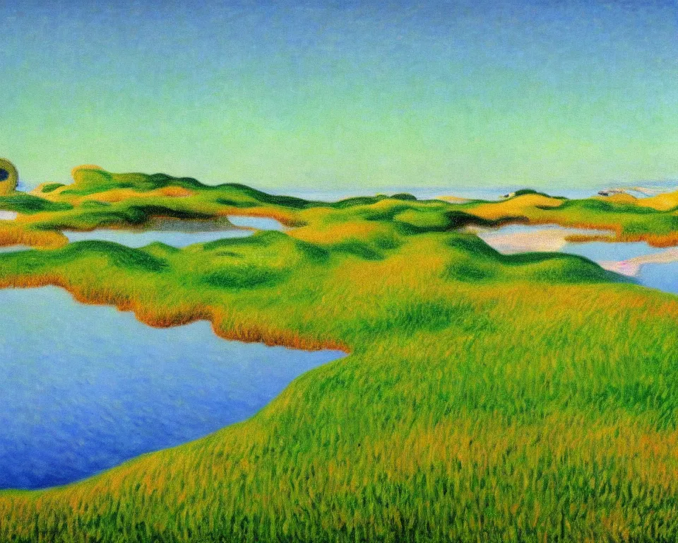 Image similar to achingly beautiful painting of bandon dunes fairway by rene magritte, monet, and turner.