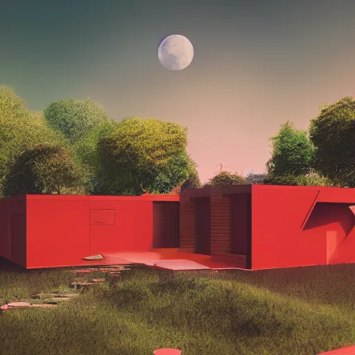 Image similar to futuristic flat roof red house with courtyard, on a hill surrounded by big trees, multiple moons, dramatic lighting, artstation, matte painting, raphael lacoste, simon stalenhag, frank lloyd wright, zaha hadid, drone view