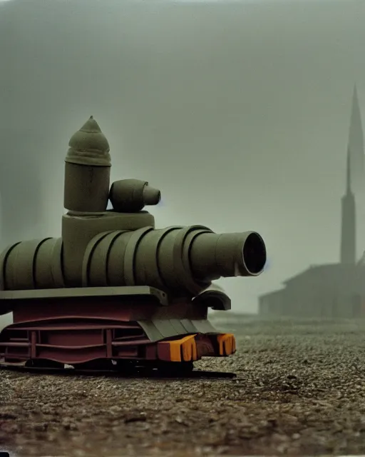 Image similar to giant oversized chubby bulky armored train penguin Dachshund mech, with big Dachshund head , rocket launcher , on a village , Cinematic focus, fujicolor photo, vintage, neutral colors, soft lights, foggy, panorama by by Serov Valentin, by lisa yuskavage, by Andrei Tarkovsky