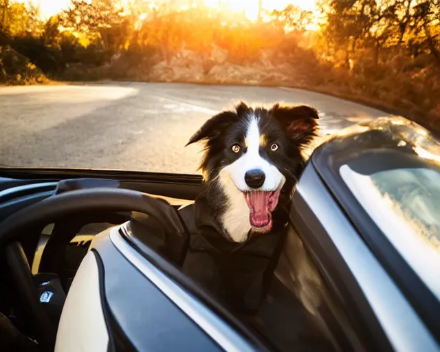 Image similar to border collie dog in the driver's seat of an orange nissan note, paws on wheel, car moving fast, rally driving photo, award winning photo, golden hour,