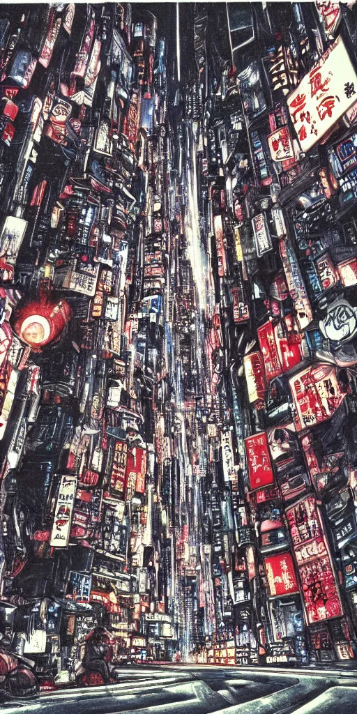 Image similar to beautiful and detailed anime drawing of an AKIRA-like cyberpunk city landscape with light trail from a motorcycle at the bottom and a bridge silhouette at the top, japan at night, 1980s, by Katsuhiro Otomo and mamoru oshii, wide angle, worm\'s eye view, grand, clean