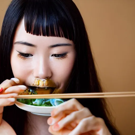 Image similar to photo of a beautiful Japanese girl eating sushi, symmetrical, golden ratio, happy,