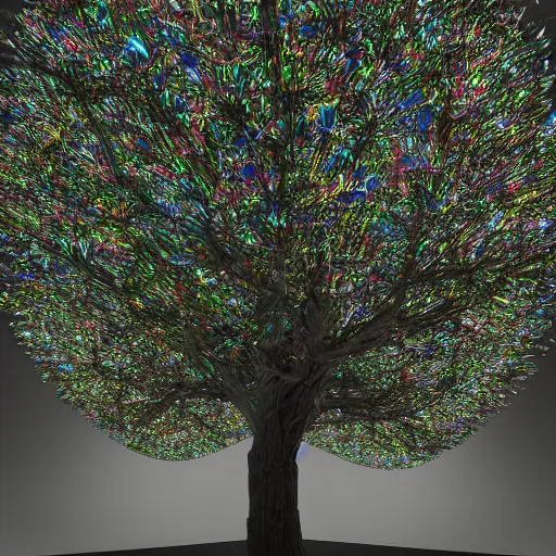 Image similar to a beautiful tree, religious delusion communities and cults the next few minutes, four light that had been released sculpture, structure, ray trace 4 k