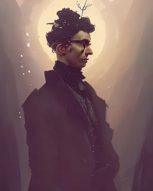 Prompt: a portrait of a mysterious man, aristocrat cloak, steam punk, mechanical parts, fantasy, digital painting by ilya kuvshinov, greg rutkowski, wlop, james jean, victo ngai, beautifully lit, muted colors, highly detailed, dynamic pose, artstation, fractal arrows, fantasy art, intricate background by craig mullins, thomas kinkade