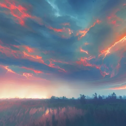 Image similar to burning clouds, thunder, 4k, post-processing, very very detailed, artstation, cute