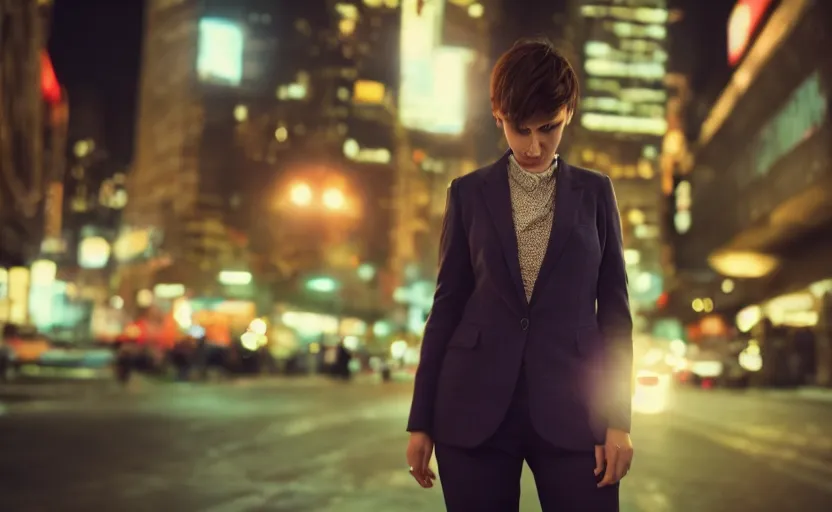 Image similar to a wide shot of a woman with a wool suit, short hair, blurred face, wearing an omega speedmaster on her wrist in front of a crowded dystopian city at night with cyberpunk lights