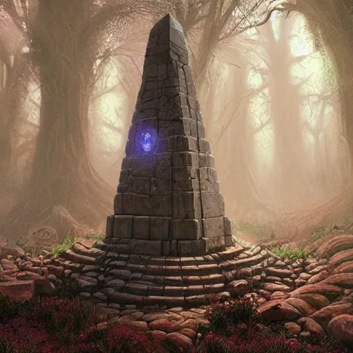 Prompt: stone obelisk, roots and plants growing on the obelisk, intricate detailed glowing engravings, ornate, ancient forest, vibrant colors, D&D, Magic The Gathering, by Craig Mullins, volumetric lighting,