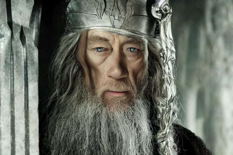 Image similar to jude law as gandalf stood outside orthanc, style of h. r. giger, directed by david fincher, muted tones, detailed