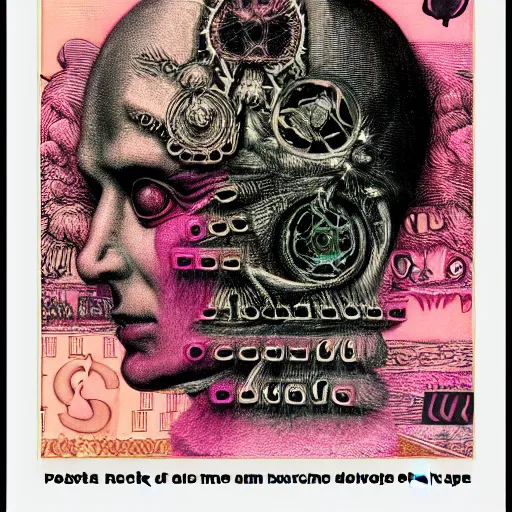 Image similar to post - punk new age album cover, asymmetrical design, frame of a dollar bank notes, capitalism, magic, apocalypse, psychedelic, black white pink, magic, giger h. r., giuseppe arcimboldo