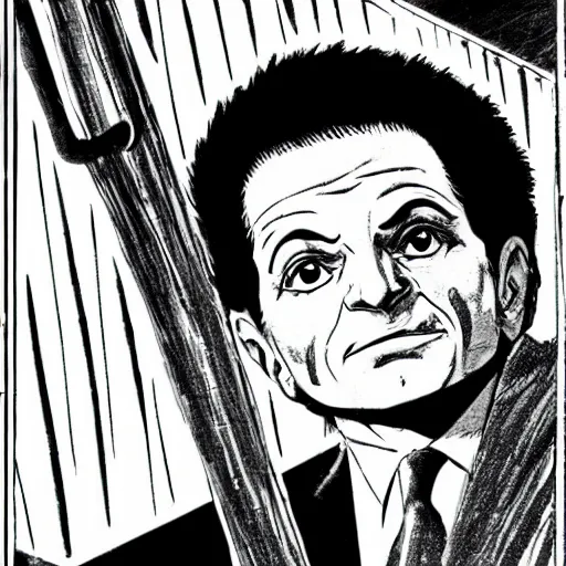 Image similar to Joe Pesci drawn in a black and white manga panel, art by Nobuyuki Fukumoto