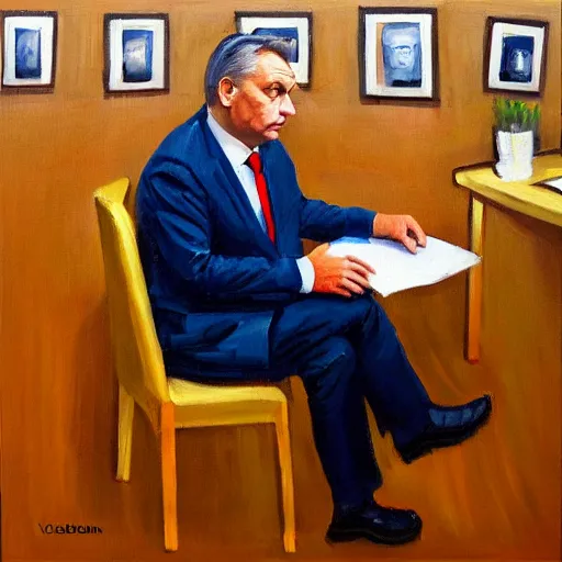 Image similar to viktor orban in a cubicle, oil painting