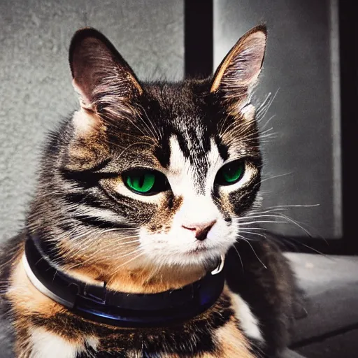 Image similar to portrait of a cute cyberpunk cat, realistic, professional photography